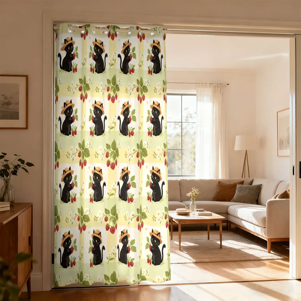 1pc straw hat-style black cat strawberry print single-piece loop curtain living room doors windows home decoration