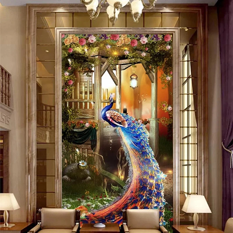 Custom Photo Mural 3D Peacock Entrance Hall Corridor Art Self Adhesive Wallpaper Living room background wall bedroom restaurant