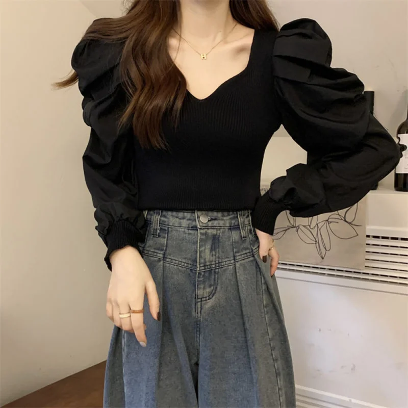 Pull tricoté à manches bouffantes pour femme, nouveau Style français européen et américain, automne