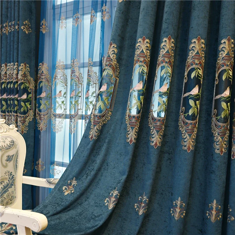 High Quality Modern Blue Bird Embroidered Semi-Blackout Curtains For Living Room Window Luxury Custom Decoration Bedroom Curtain