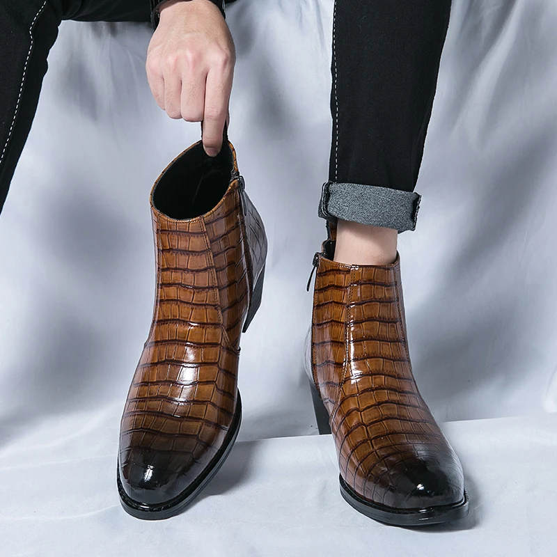 

Men European and American Style High Heels Side Zipper Gradient Color Stone Pattern Retro Fashion Height Increasing Short Boots