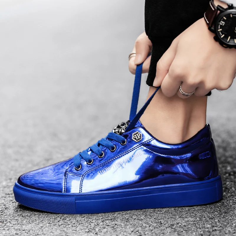 Hot Fashion Patent Leather Casual Shoes Men Party Rock Shoes Designer Blue Mirror Sneakers Men Streetwear Skateboard Shoes Men