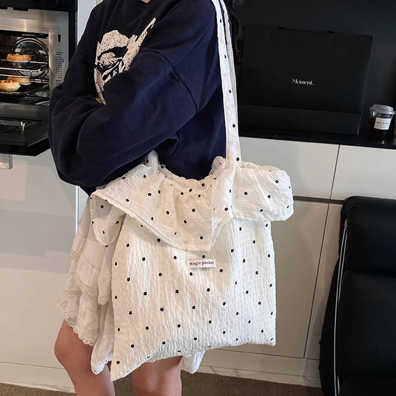 

Women Korean Style Large Capacity Tote Bag Fairy Mesh Shoulder Handbag for Commuting All-Match Wave Point Chiffon Crossbody Bag