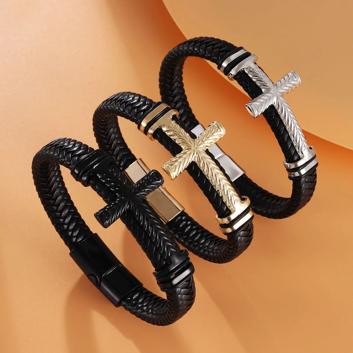 Wholesale of New European and American Fashion Punk Cross Men's Creative Bracelet Woven Cowhide Bracelet
