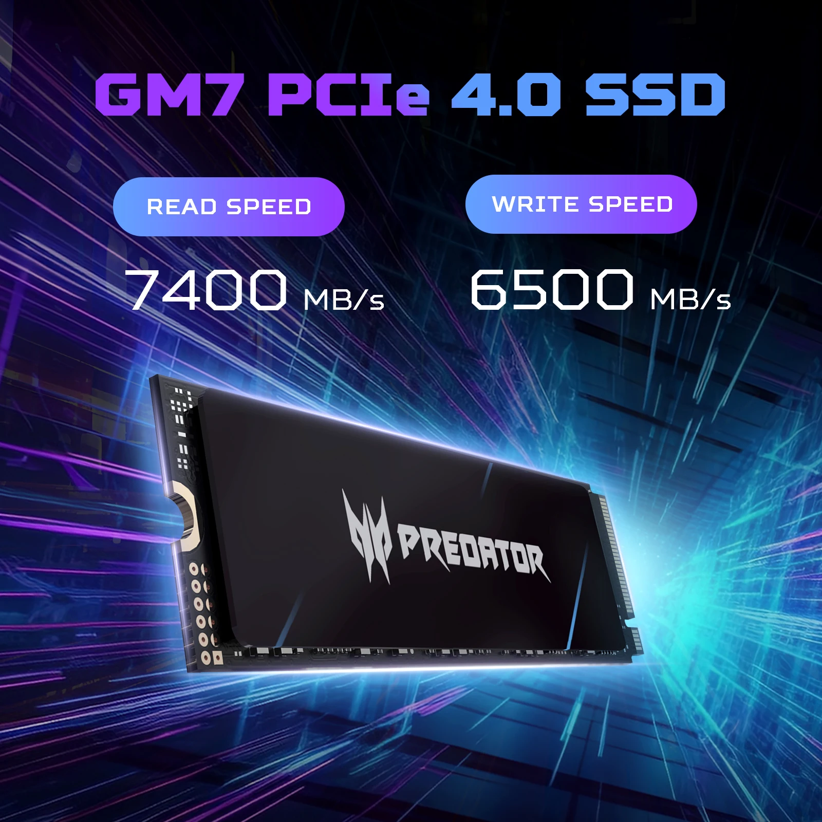 محرك الألعاب ACER PREDATOR GM7 NVMe SSD، 1 تيرابايت/2 تيرابايت/4 تيرابايت M.2 2280، سرعة قراءة تصل إلى 7200 ميجابايت/ثانية، PCIe Gen4 NVMe، ألعاب عالية الأداء