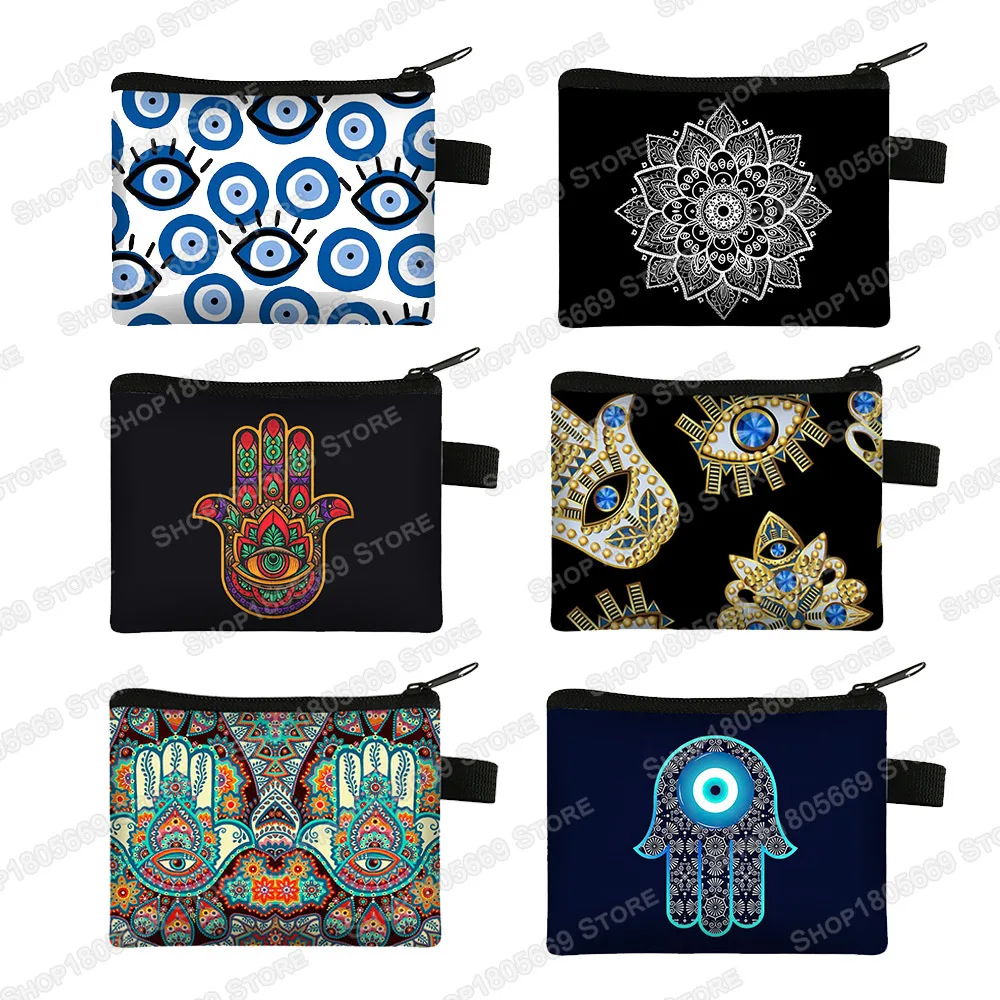 Hand of Fatima Coin Purse, Bolsa Turca, Blue Evil Eye Coin Bags, Mandala Flower Money Bag, Fone de ouvido ID Credit Card Key Carteira Pequena, Presente