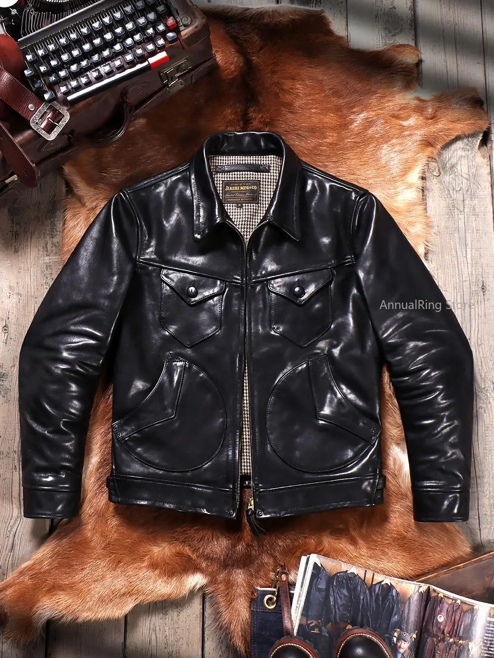 Full Grain Batik Vegetable Tanned Cowhide American Vintage Mendoza Men's Short Genuine Leather Biker Jacket