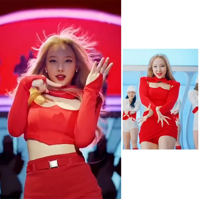 Kpop Korean Singer Jazz Dance Red Sleeveless Camisole Tops Cropped Long Sleeve Hoodies + Sexy Slim Mini Skirts Women Outfits