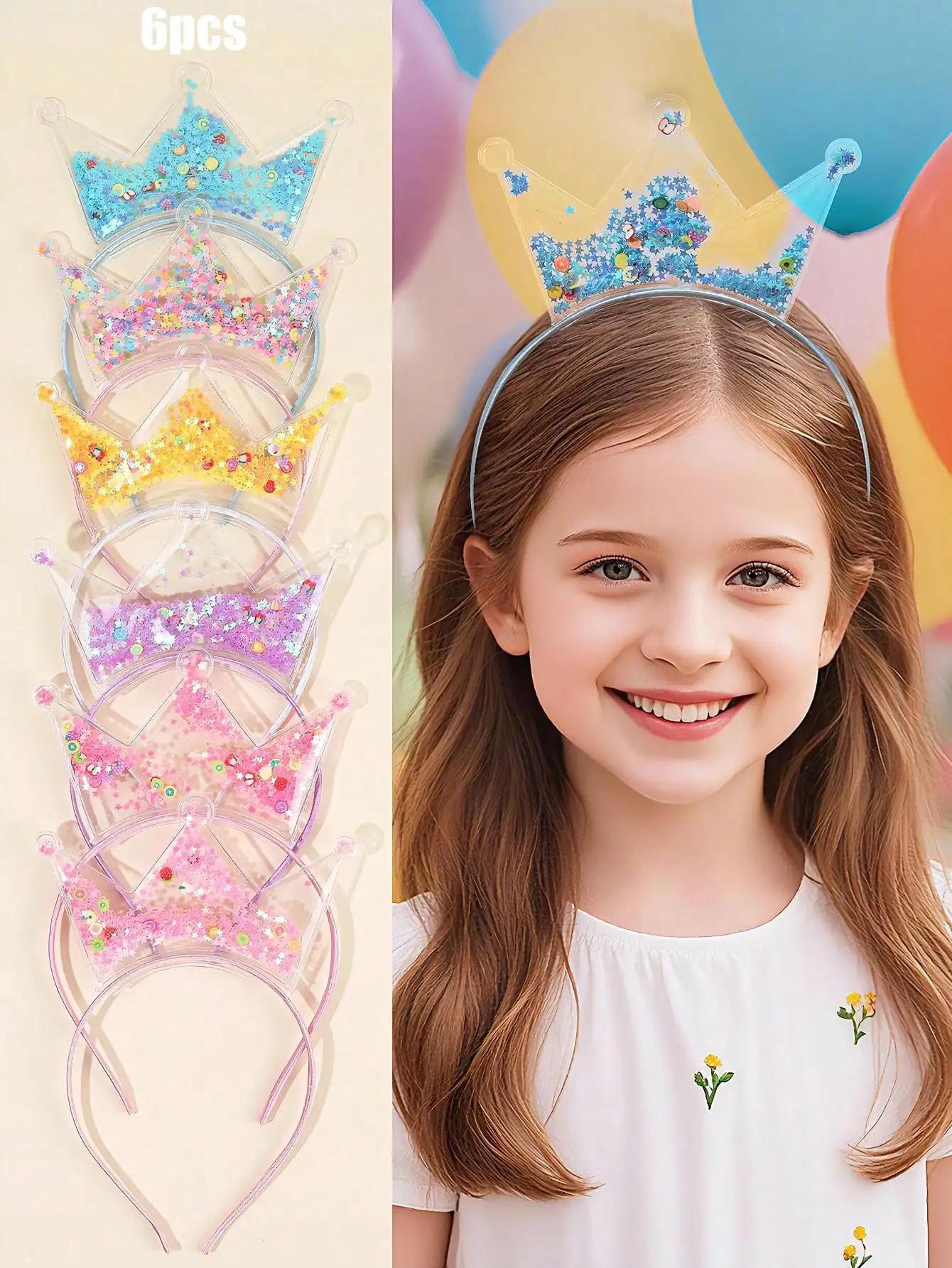 

Набор из 6 шт. повязок на голову с короной для девочек, милые радужные повязки для волос из ПВХ для девочек, повязки для волос с пайетками в стиле Y2K, милые праздничные повязки для волос.