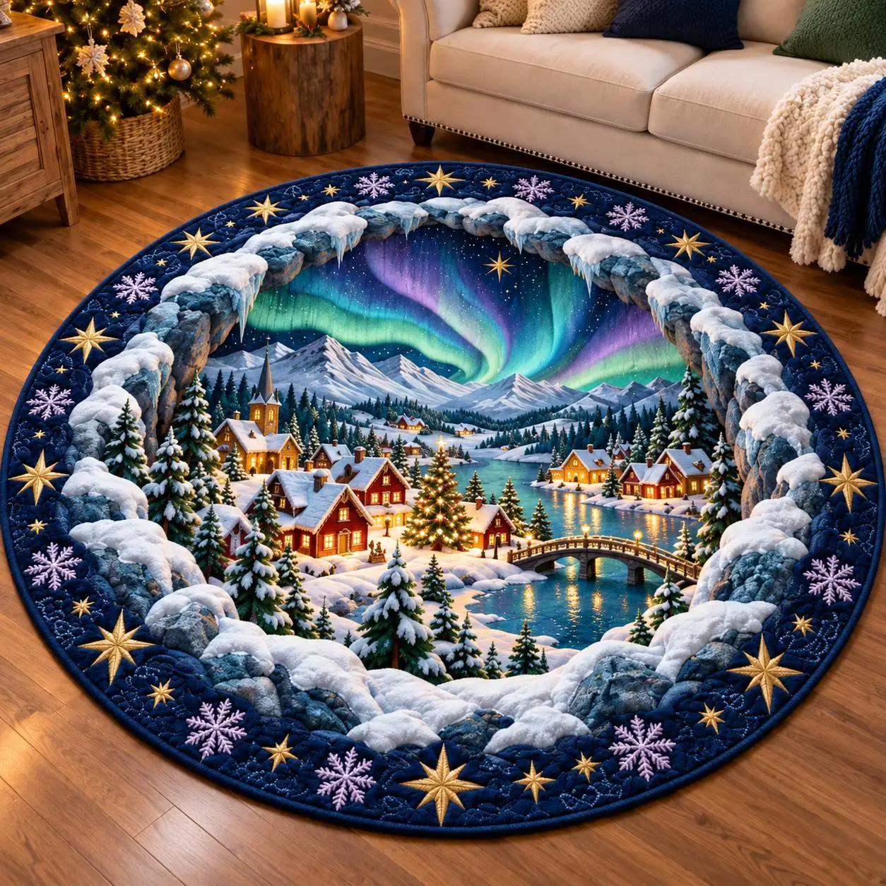 Beautiful Night Sky Reindeer Floor Mat Flying Sleigh Santa Round Rug Warm Cozy Bedroom Entryway Living Room Area Rug
