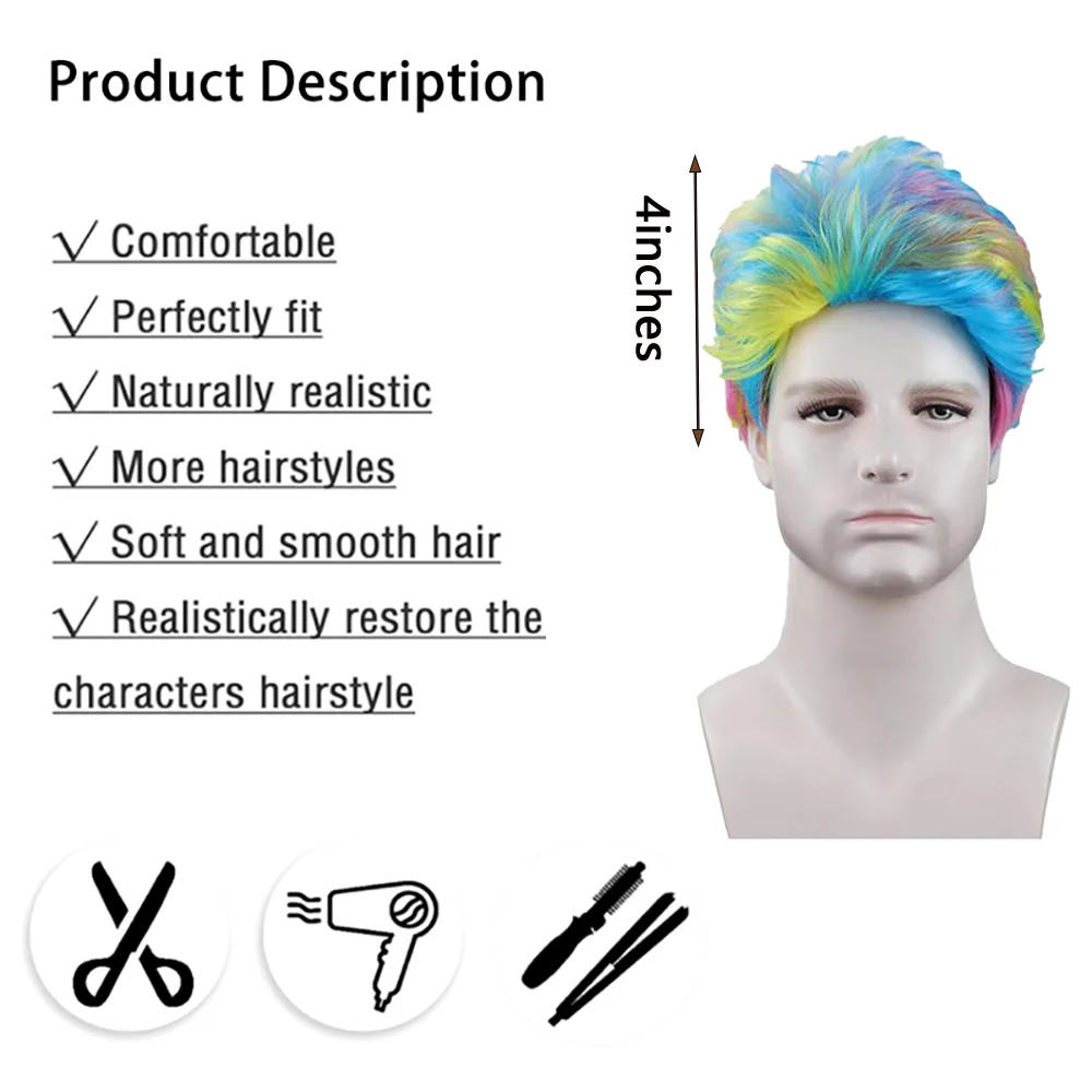 Men's Rainbow Short Fluffy Wig Anime Cosplay Comic Con Role Play Halloween Funny Party Costume Full Wig