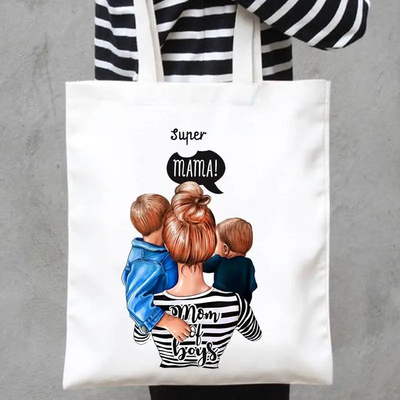 Mom Mama Mother Print Striped Son Sweet Shopper Handbags Fashion Shoulder Canvas Bags Casual Shopping Girls Women Tote Bag