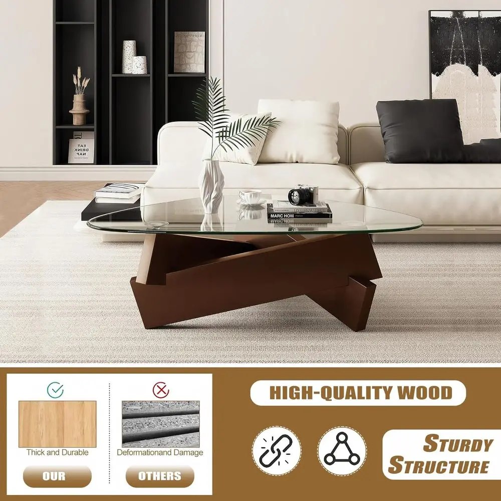 ミッドセンチュリーモダンウォールナットコーヒーテーブル、35.5 x 27.5 x 15.7、ガラストップ、素朴なブラウン、リビングルームや狭いスペースに最適