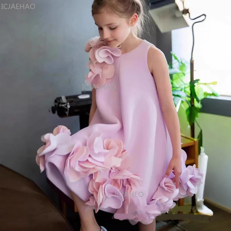 2026 New Girls 3D Floral Dress Cute Tank Style Straight Princess Gown Children Sweet Formal Party Celebration Eid Kids Clothing