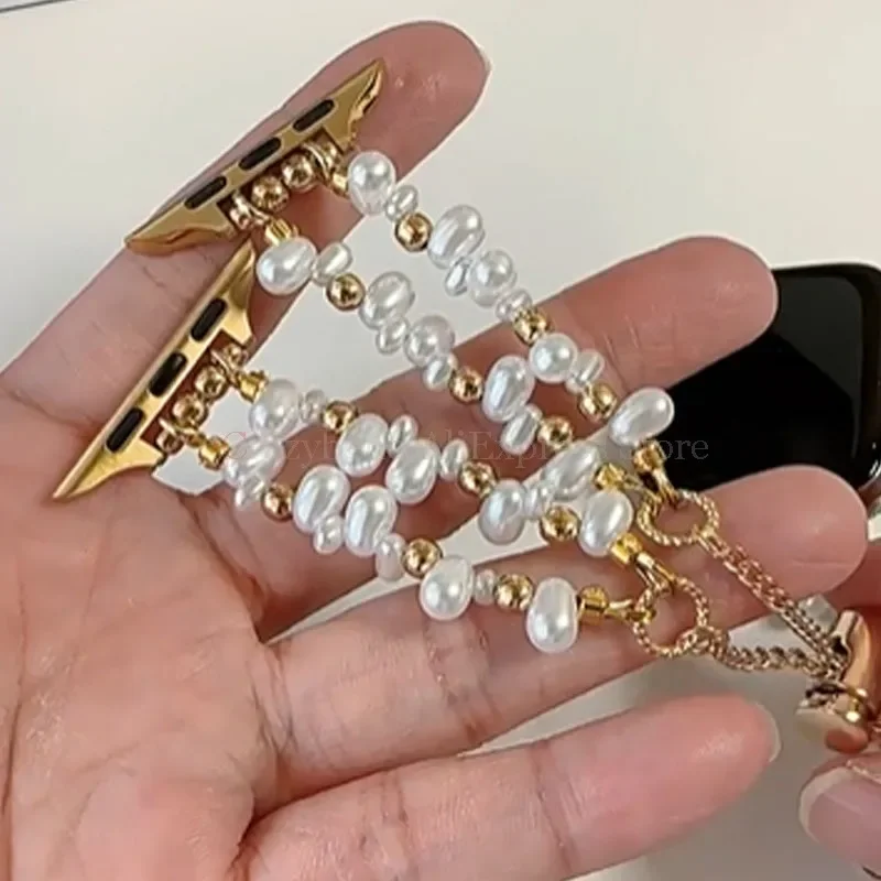 38/40/41 مللي متر معدن النساء غرامة ل IWatch 7 8 9 الفرقة 42/44/45/46/49 مللي متر ل أبل ساعة SE Ultra2 غير النظامية اللؤلؤ الذهب سوار ساعة #2