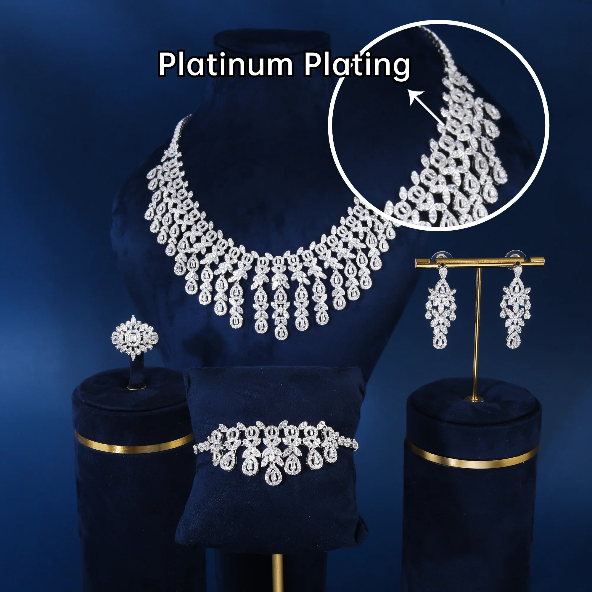 4pcs Fashion Luxury Rhodium Platinum Plating Jewelry Set Tassel Water Drop Necklace With 3A Zircon Design For Wedding Bridal