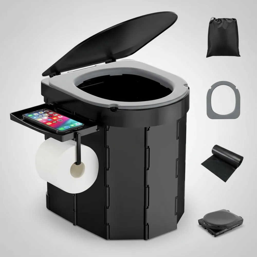 

Portable Folding Camping Toilet with PU Cushion, Phone Shelf & Paper Holder for Adults, RV Travel