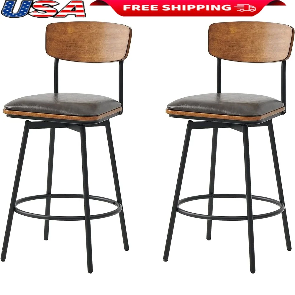 

Swivel Bar Stools Set of 2 Counter Height Faux Leather Upholstered Modern Design Metal Wood Frame Adjustable Comfort