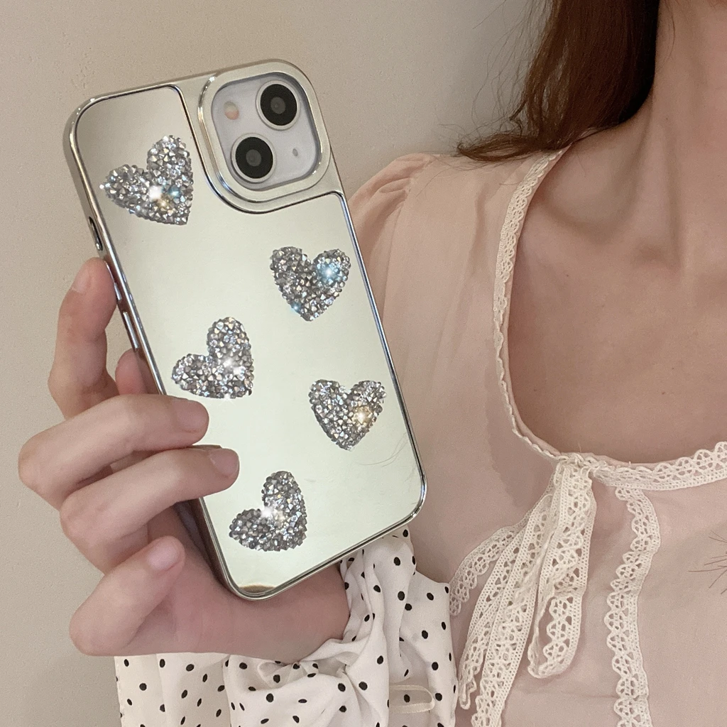 Ins Stylish Stereoscopic Rhinestone Love Mirror Film Shockproof Protective Cover Case For iPhone 15 14 13 12 11 Pro Max