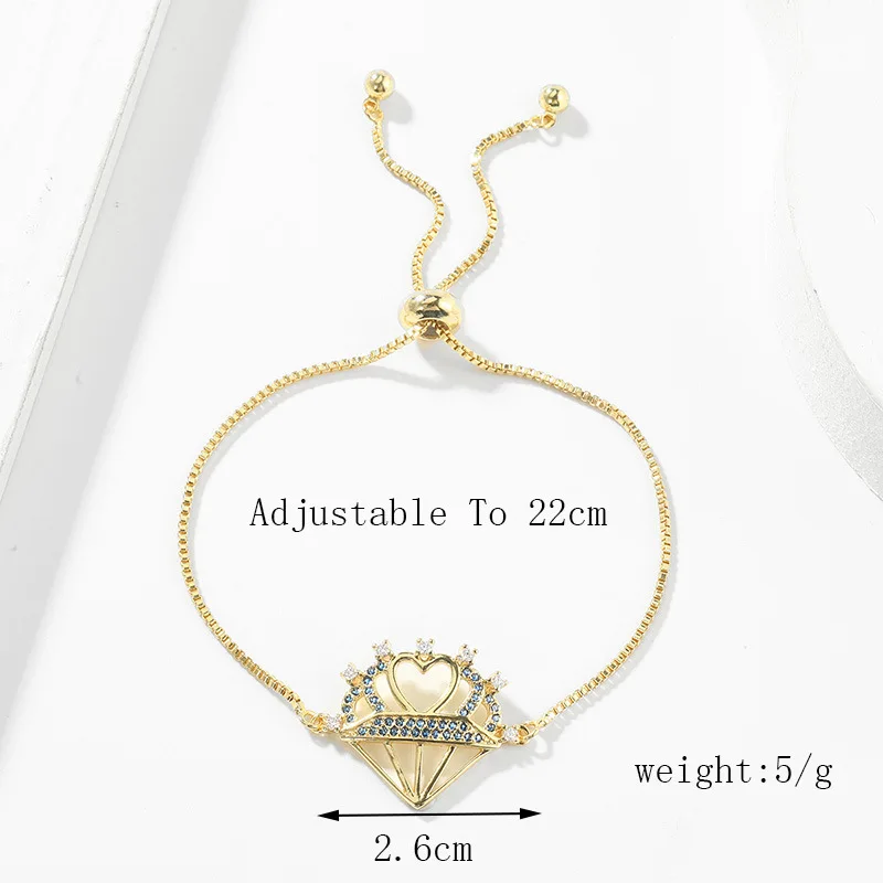 Gold-plated Brass Cubic Zirconia Stone Blue CZ Crystal Love Heart Crown Charm Bracelet Women 2024 New Fashion Chain Jewelry Gift