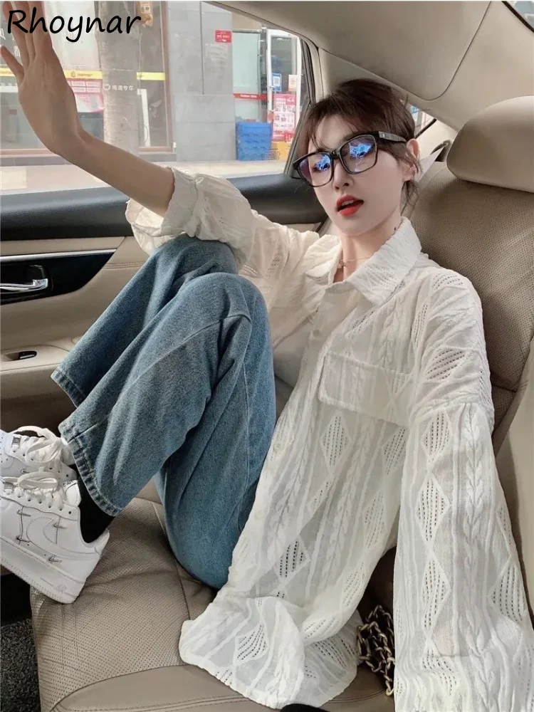White Baggy Shirts Women Hollow Out Gentle Office Lady Leisure Designed Korean Style Spring Young Simple Camisas Daily Delicate