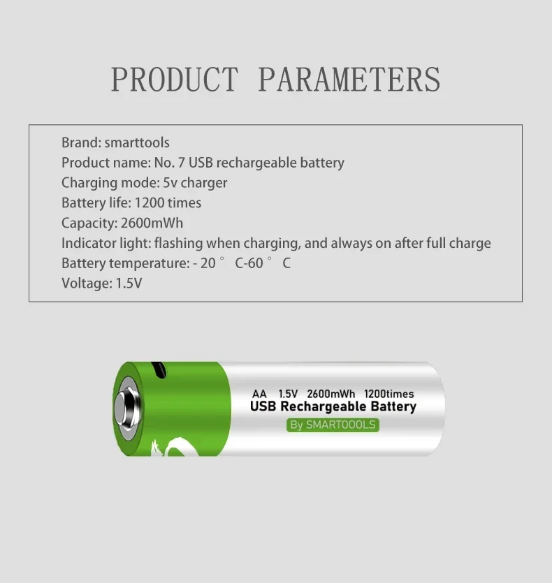 AA battery 1.5 V 2600mwh fast USB rechargeable battery, remote control lithium-ion battery, electric toy battery+C-shaped cable