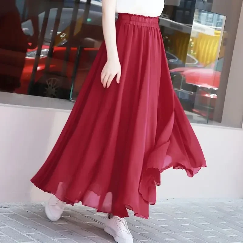 New Summer Chiffon Skirts Plus Size Full-Length Skirt High Waist Elegant Dance Skirt Pink Black Red Royal Blue White Long Skirts