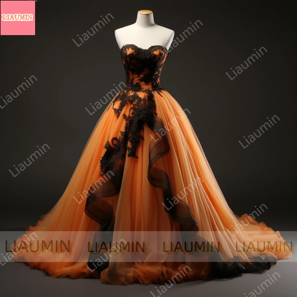 Orange and Black Lace Applique Tulle Ball Gown Full Length Evening Party Clothing Formal Prom Dress Hand Made Customized W2-16