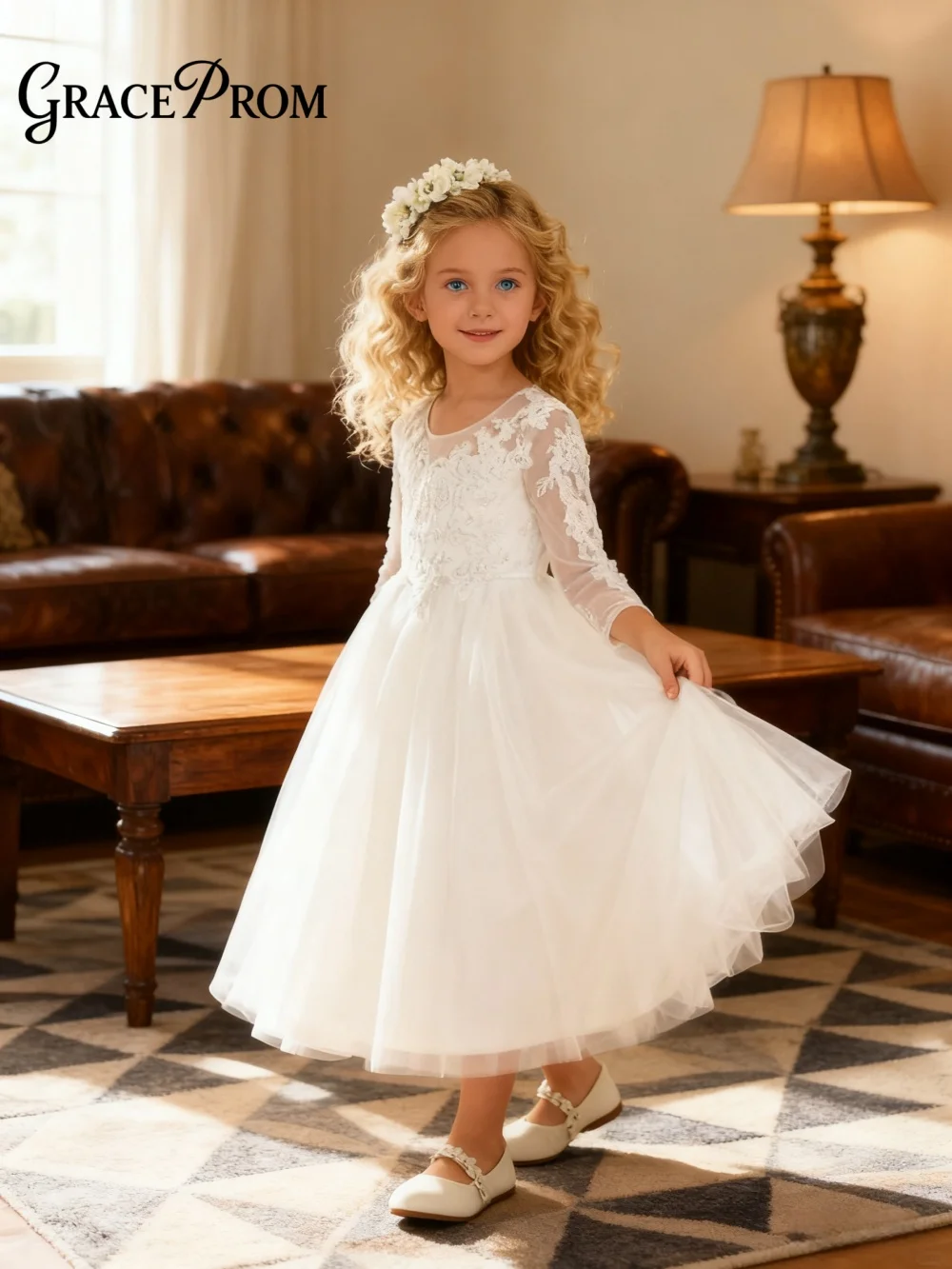 

Elegant Ring Girl Dress Girl Stage Show Dress Wedding Girl Princess Dress Fashion Long-Sleeved Applique Floor-Length Party Gown