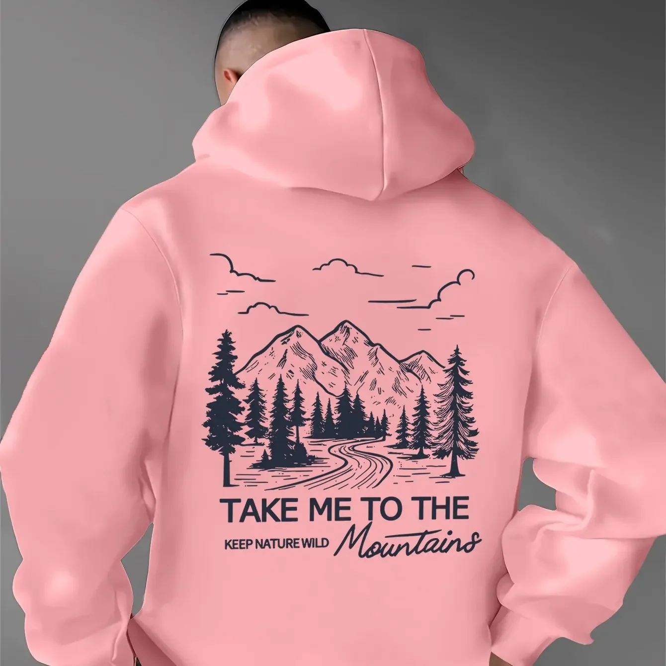 Men Take Me To The Mountains Forest Mountain Graphic Hoodie Outdoor Nature Back Print Loose Fleece Pullover Sweatshirt
