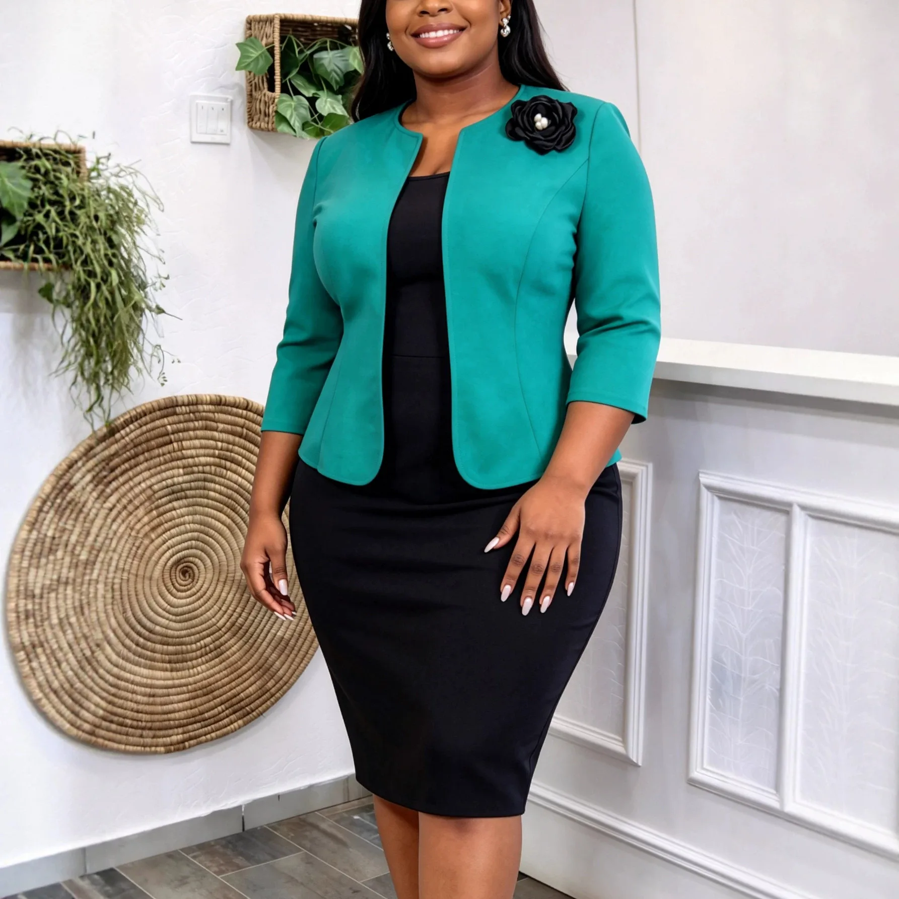 Plus-size Women's Green Three-quarter Sleeve Blazer, Round-neck, Three-dimensional Floral, Short Lady Cloth Cardigan Top Boho La