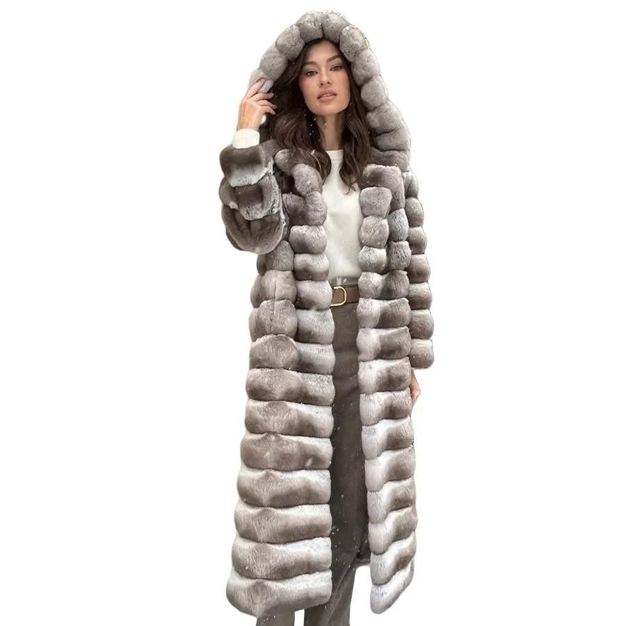 女性のためのウサギの毛皮のフード付きコート,本物の毛皮のジャケット,高級衣類,ナチュラル,冬,新着2022