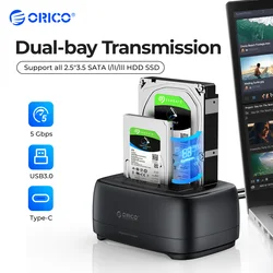 Orico-デュアルベイハードドライブステーション,usb3.0 5gbps,タイプc,hdd,ドッキングステーション,12v 3a電源アダプター,2.5/3.5インチ,hdd/ssd用