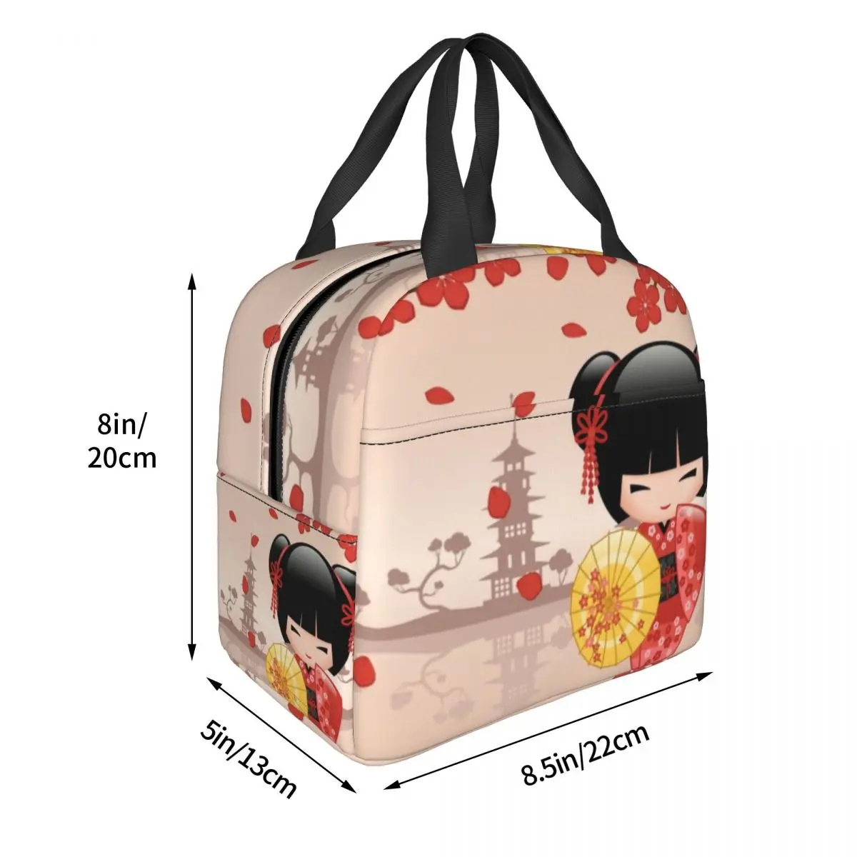 Japanese Red Sakura Kokeshi Doll Insulated Lunch Bag for Women Resuable Cute Girly Cherry Blossom Thermal Cooler Lunch Box