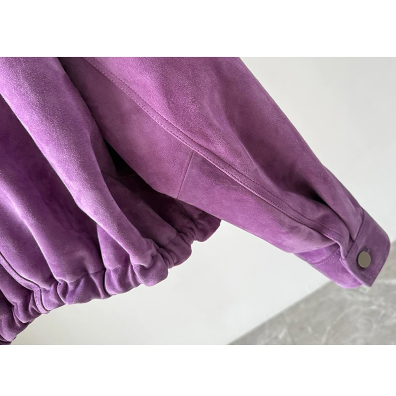 Giacca in vera pelle da donna in pelle di capra importata 2025 Autunno Viola Colletto corto con risvolto Cappotti casual in pelle scamosciata per bambini allentati femminili