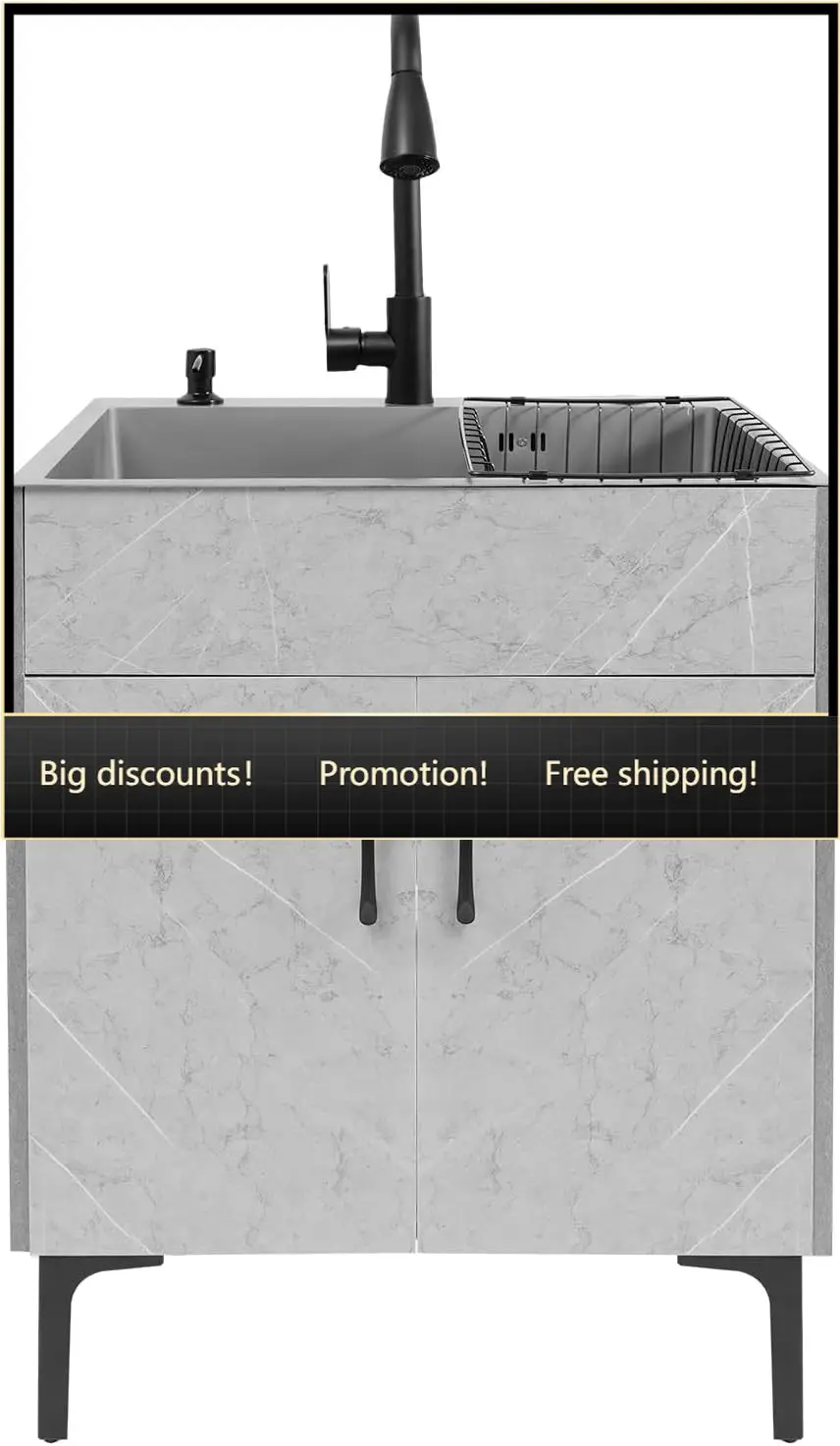 

24-дюймовая отдельностоящая кухонная мойка с тумбой и выдвижным смесителем-распылителем, из нержавеющей стали, с раковиной и сливом