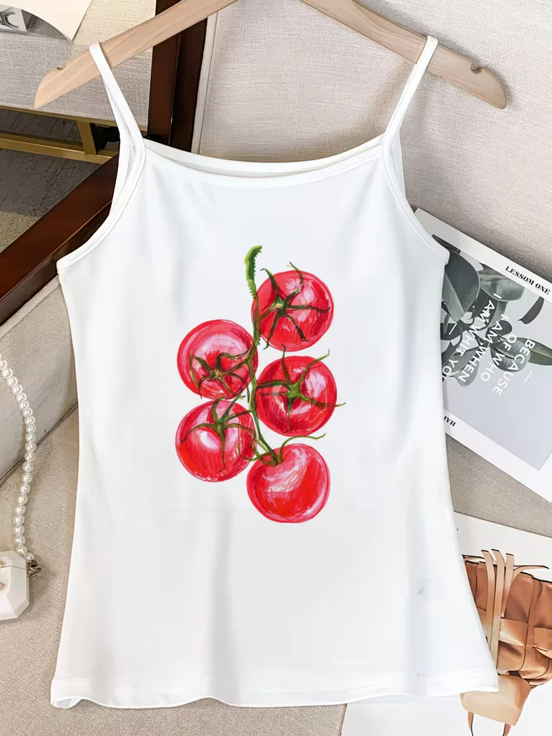 Y2K Aesthetic Women Spaghetti Strap Camisole Cute Tomato Fruit Print Slim Sleeveless Tank Top Summer Daily Casual Vest
