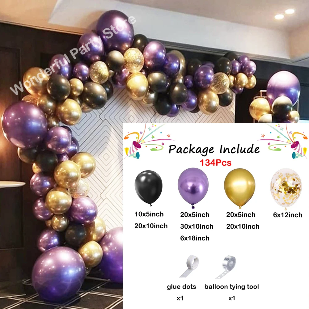 134Pcs Black Balloon Garland Kit Arch Metallic Purple Gold Confetti Latex Balloons Wedding Bridal Baby Shower Birthday Party Dec