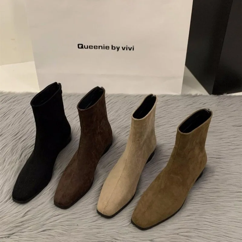 Otoño nueva moda mujer botines de gamuza de alta calidad mujer cremallera trasera zapatos de tacón bajo señoras elegantes botas cortas Morder