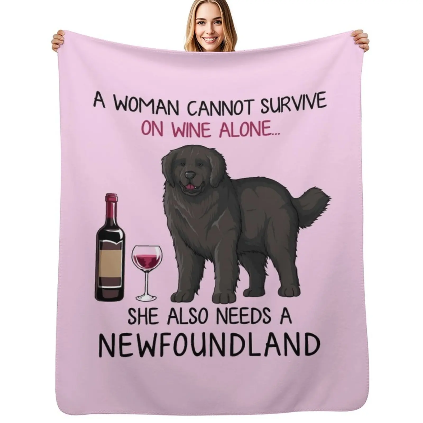 Newfoundland and wine Funny dog Throw Blanket Outdoor Soft Blanket for Picnic Beach Camping
