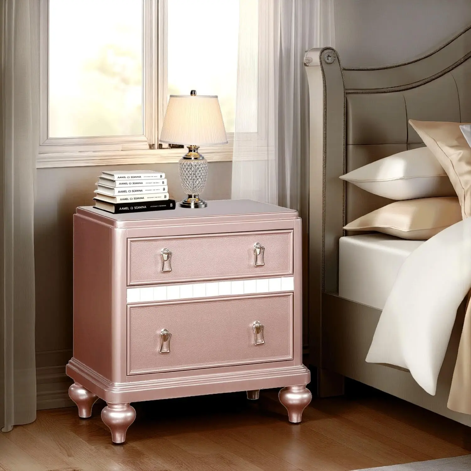 Wooden Nightstand with Mirror Trim for Bedroom, Pink, Customized