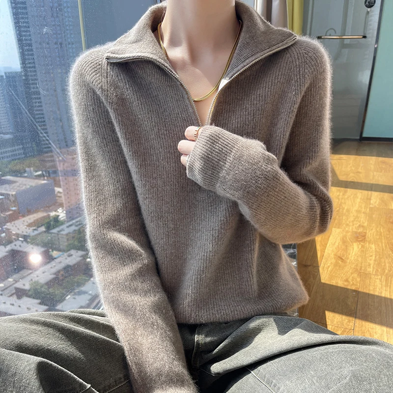 Winter new women\'s sweater 100% Merino wool sweater thick turtleneck half zipper pullover solid color thick cashmere sweater top