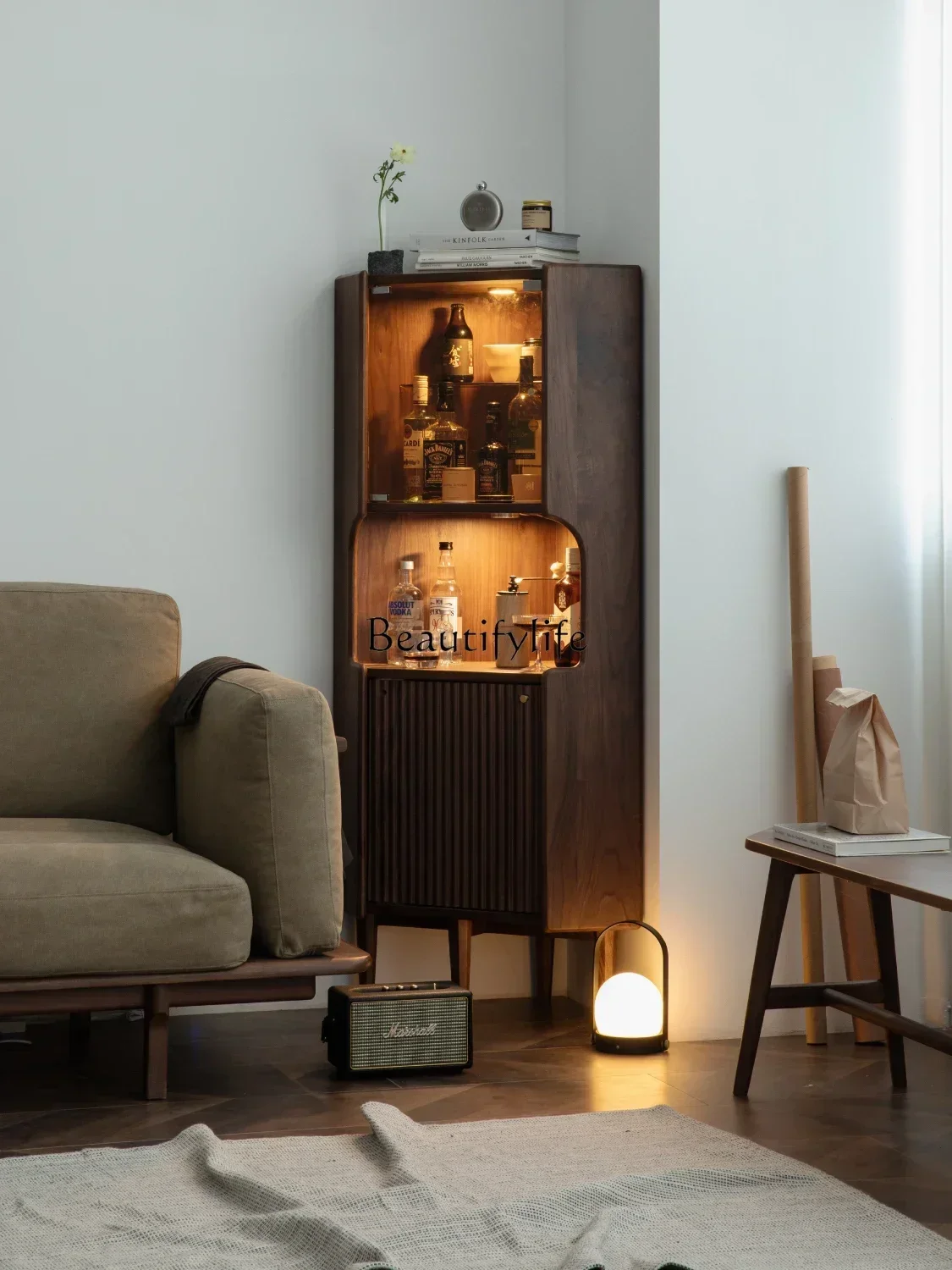 

03.Z.*black walnut solid wood wine cabinet Nordic living room corner corner cabinet