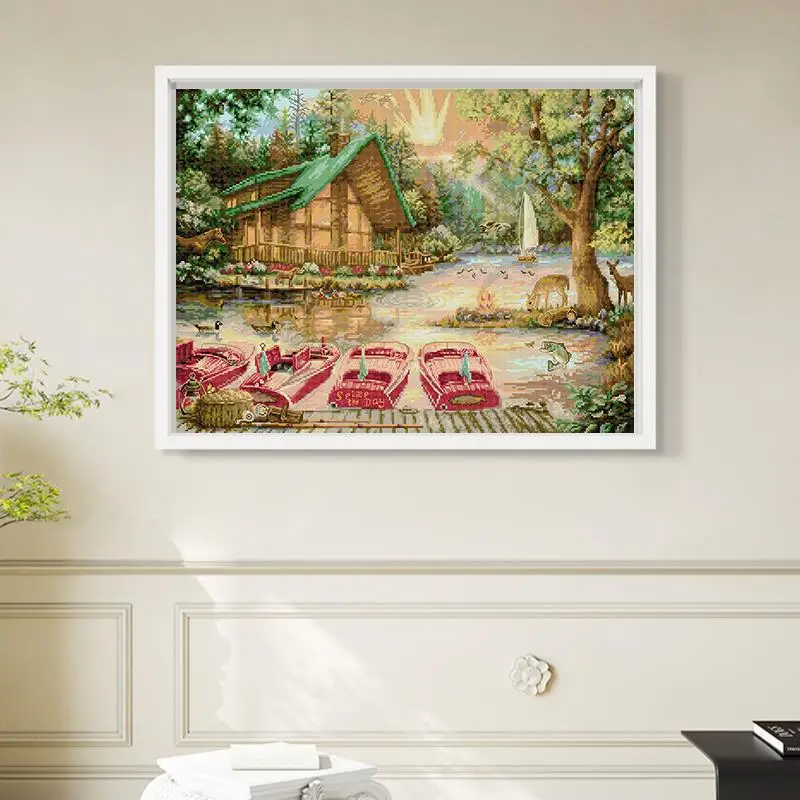 River House and Boat Landscape Cross Stitch Kits 14CT Count 16CT 11CT Printed Canvas Fabric Embroidery DIY Home Decor Painting