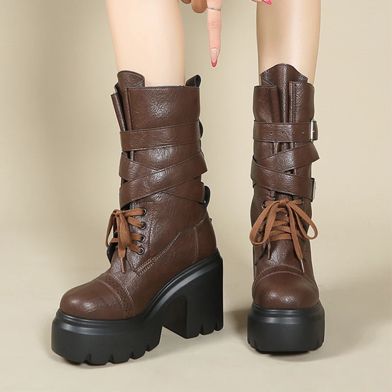 

Women Mid Calf Snow Boots Platform Shoes High Heels Chelsea Boots 2025 Winter Designer Brand Chunky Leather Shoes Botas Woman