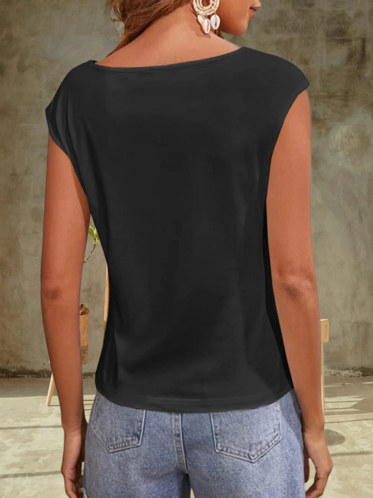 Camiseta básica de color sólido para mujer - Top casual con cuello redondo y manga casquillo