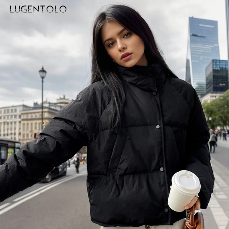 Women Casual Parkas 2024 Simple Loose Down Cotton Warm Bread Jacket Fashion Stand Collar Diagonal Slip Pockets Cropped Snow Suit