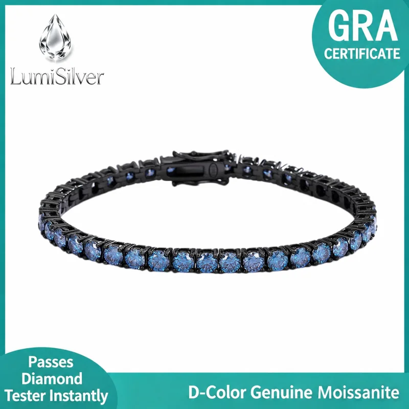 Blue Moissanite Tennis Bracelet Black Rhodium Plated 925 Silver Stackable Party Gift for Women