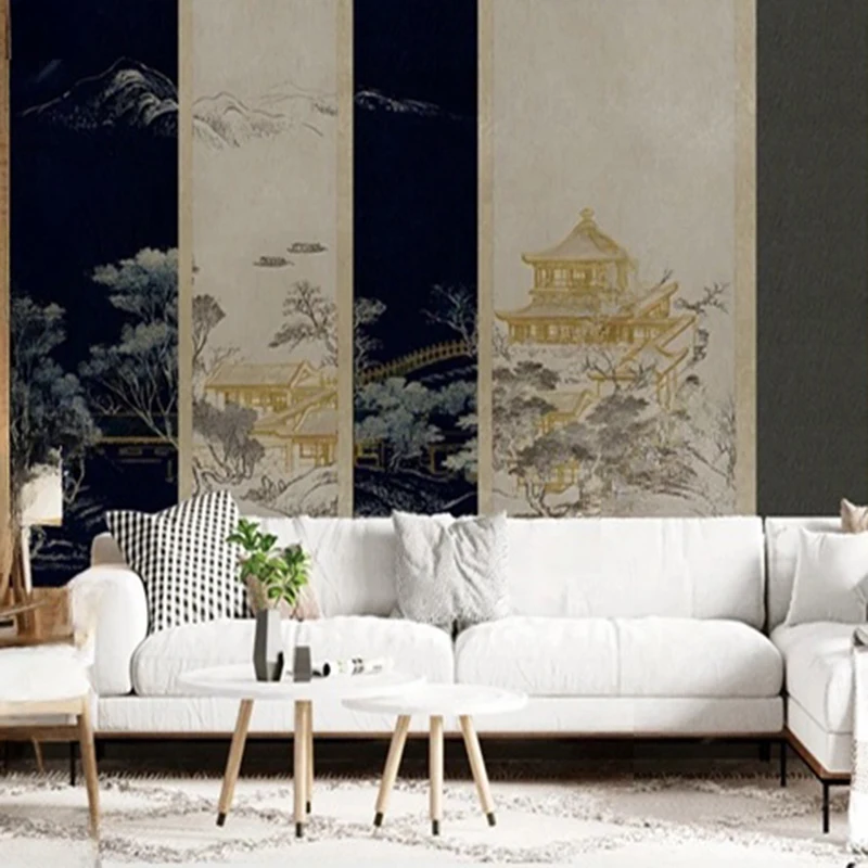 Custom Wall Mural Wallpaper - Modern Chinese Style Ink Line Art Landscape Background Painting Hand-Painted Vintage Wall Papers