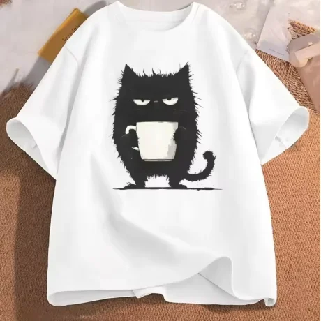 Funny Black Cat Coffee T-Shirt Tired Cat T Shirt Women Graphic Cute Cat Lover Clothes Clothing Harajuku Sleeve Aesthetic Clothes